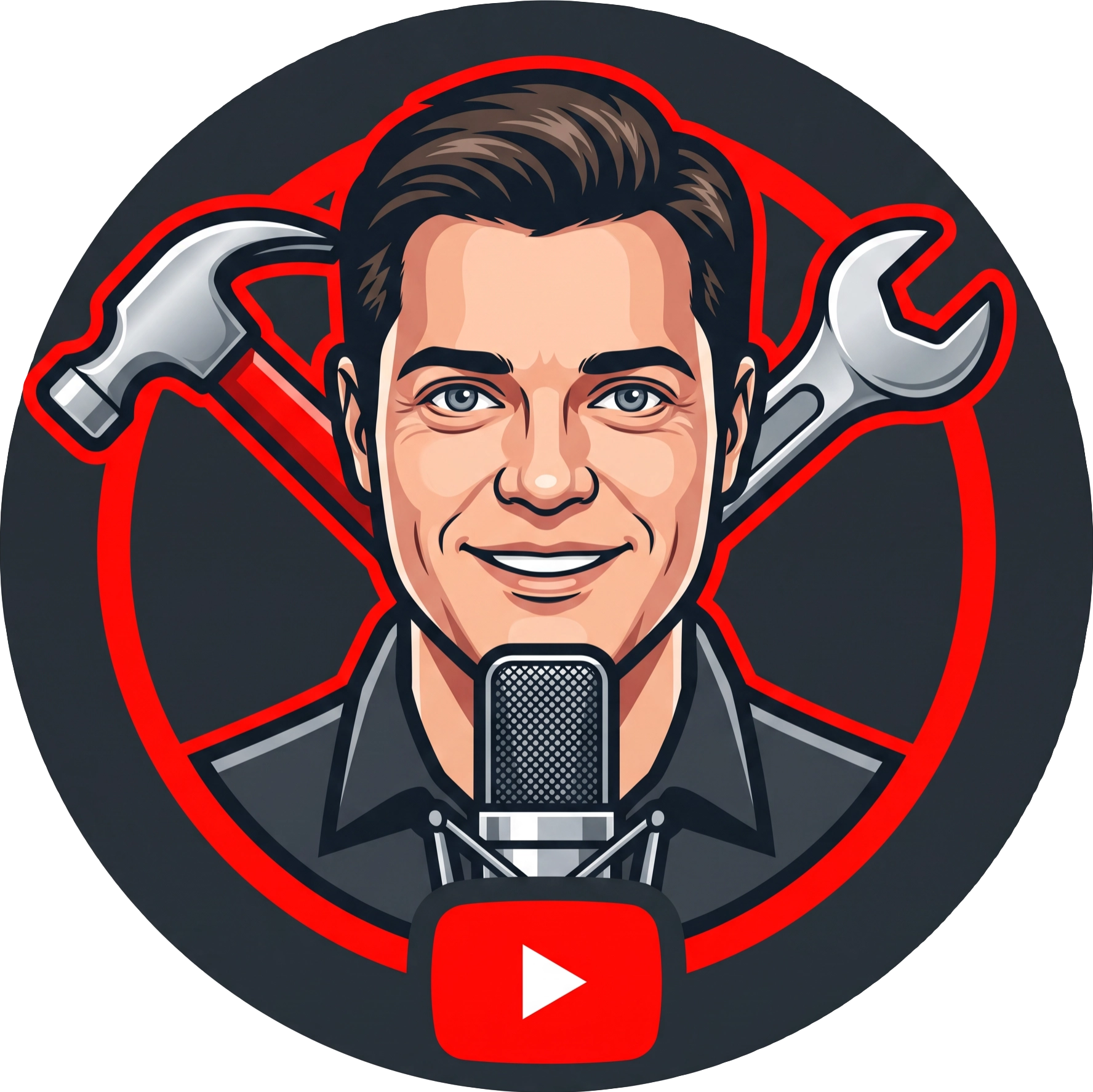 KnudsenMyLife logo — illustration af Knudsen med headset, mikrofon, kaffekop, kamera og hammer